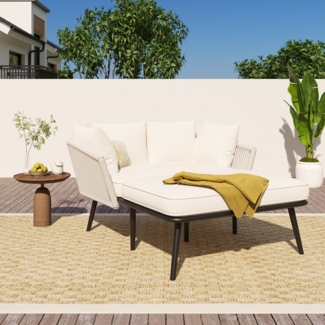 Merax Gartensofa mit 2 Kissen und 2 Polster,Sonnenliege im Außenbereich, Gartenlounge, Balkonmöbel-Set, Loungemöbel, Terrassenmöbel, Beige