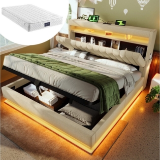 REDOM Polsterbett Bequeme Betten mit Stauraum und LED-Beleuchtung (Struraumbett, Funktionsbett, 140x200 cm, mit Matratze (H25cm), Beige), mit USB- und Typ-C-Anschlüssen, LED-Beleuchtung