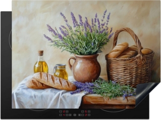 MuchoWow Herd-Abdeckplatte Lavendel - Brot - Stilleben, Vinyl, (1 tlg), Küche Herdabdeckplatte Ceranfeld Vinyl Einteilig, 59x52 cm