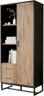 OKWISH Vitrine mit vielseitiger Stauraum (Sideboard, Highboard, Schrank, 1-St, 1 Tür, 2 Schubladen, 3 offenen Fächern) Holzoptik mit schwarzem Rahmen
