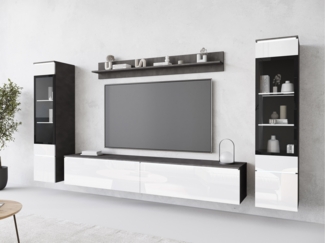 Wohnwand Doppo II, mit weißer LED Beleuchtung, Farbe: Matera / Weiß Hochglanz