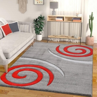 Vimoda Frisé-Teppich Konturenschnitt aus Hand, Rechteckig, Höhe: 13 mm, spiral zeichnung,dicht,dick,Wohnzimmer Teppich,Kurzflor,Rot