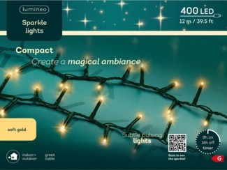 Lumineo LED-Lichterkette Lumineo Lichterkette COMPACT SPARKLE 400 LED 12 m, Soft Gold, grün, Indoor/Outdoor, Funkel-Effekt, 8h-Timer, + 5 m Zuleitung