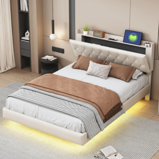 Polsterbett in schwebender Optik, Doppelbett mit Stauraum, Lattenrost und LED-Beleuchtung, 140x200 cm, Leinenbezug