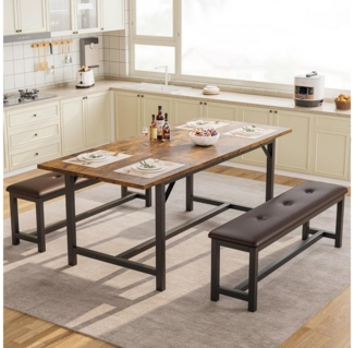 GarveeMore Essgruppe Esstisch-Set für 4–6 Personen mit 2 gepolsterten Bänken,3-teiliges, großes ausziehbares Küchentisch-Set für Wohnung,Esszimmer,platzsparend