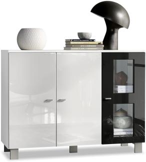 Vladon Sideboard Denjo, Kommode mit 3 Türen, Weiß matt/Weiß Hochglanz/Schwarz Hochglanz (107 x 81 x 35 cm)