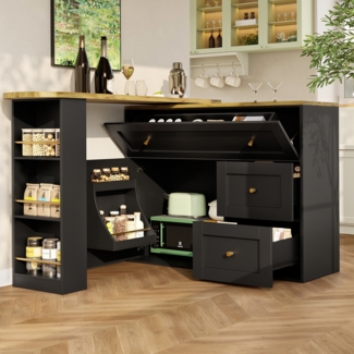 Merax Ausziehbarer Bartisch mit Stauraum, Küchenschrank, Sideboard mit Snackregal, Teleskopischer Bartisch, Stehtisch Bistrotisch Hochtisch Kücheninsel, schwarz