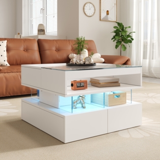 Couchtisch mit Glasplatten und Acrylhaltern,70×67×57 cm, Weiß,modernes Design, viel Stauraum