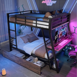 HAUSS SPOLE Etagenbett 140x200cm mit LED-Leiste, Schubladen, Geländer, Schreibtisch, schwarz (mit LED-Beleuchtung & Schreibtisch, Metallrahmen mit Schubladen & Treppe, 140x200 cm), ohne Matratze