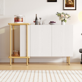 Moderner Sideboard Schrank Weiß mit versteckten Türgriffen und Metallbeinen Aufbewahrungsschrank für Esszimmer mit offenen Fächern Sideboard 120 cm Breite minimalistischer Aufbewahrungsschrank mit 16 cm Beinen