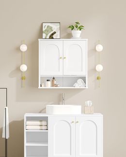 Hangeschrank, Badezimmerschranke, Wandschrank für Toilette und über Waschbecken, mit 2 Türen, Offener Raum und Verstellbare Regale Medizinschrank, Weiß mit Holzmaserung