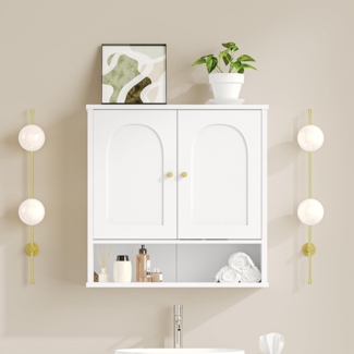 Hangeschrank, Badezimmerschranke, Wandschrank für Toilette und über Waschbecken, mit 2 Türen, Offener Raum und Verstellbare Regale Medizinschrank, Weiß mit Holzmaserung