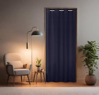 tinycurtains Türvorhang mit Stange weiß 70-120 cm Thermo Vorhang ohne Bohren, blickdicht, Ösen, verdunkelnd, Polyester, dunkelblau Ocean, Türgardine mit Klemmstange Raumtrenner Vorhang Tür