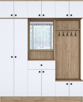 Dmora Eingangsmöbel Adonis, Moderner Eingang, Wandgarderobe, Multifunktions-Aufbewahrungskonsole, 180x38 h226 cm, Walnuss und Weiß