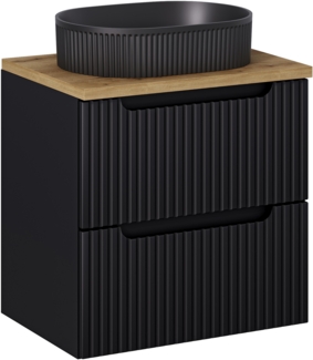 NOVA BLACK 60 cm großes Badmöbel-Set mit einer Waschtischplatte und einem Beyond-Aufsatzwaschbecken (40x60cm), Schwarz Teppich,Eiche Wotan