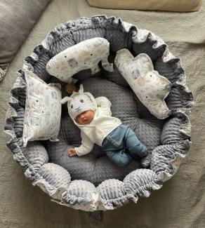 Loolay Bettnestchen MINKY Graphit/ HASE Beige-Weiß ENGELSNEST Babynest, Unterlage, (XXXL ale Nestchen Ø90cm, als Krabbledecke Ø155cm, Original LOOLAY® Babynestchen Spielmatte Reisebett ►SETS MIT ZUBEHÖR), 100% Europäische Stoffe und Kleinserien-Nähen!