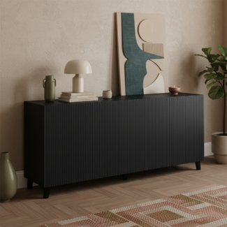 Bellamio 'Tana' Kommode, schwarz mit geriffelter Front, 85x40x185 cm, Sideboard mit 4 Türen und 8 Fächern