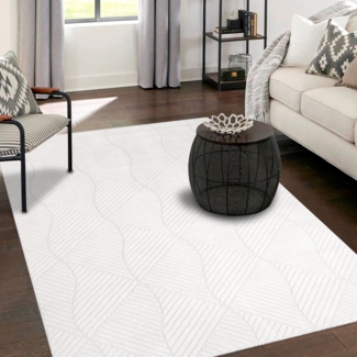 Teppich Wohnzimmer Einfarbig - 200x290cm - Weiß Uni Geometrisch Wellen Muster Modern Kurzflor Deko Teppiche Weich Schlafzimmer