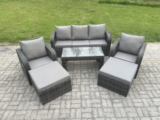 Fimous 7-Sitzer Hoher Rücken Rattan Gartenmöbel Sets mit Rechteckiger Couchtisch Liegestühle 2 hohen Hockern