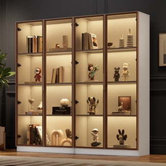 Merax 2er-Set Weiß glasvitrinen mit 16-farbiger LED-Beleuchtung, Vitrine mit Flügeltüren und beweglichen Einlegeböden, 80*40*160 cm (einzeln), Hochschrank für Wohnzimmer, freistehender Schrank, Badezimmersch