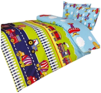 JACK Babybettwäsche 100x135cm Zug Traktor LKW Flugzeug mit RV, Renforcé, 2 teilig, süßes Kindermotiv mit Fahr- und Flugzeugen