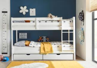 Etagenbett >Moritz / Eddie< mit 2er-Schubkasten, 2 in 1 – Doppelhochbett oder einzeln stellbar, Kiefer Massivholz weiss - 207x140x97cm (BxHxT)