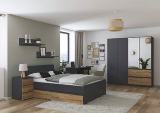 Jugendzimmer Joel 4trg Kleiderschrank Grau Metallic und Artisan Eiche – Das perfekte Kinder- und Jugendzimmer von Rauch Möbel, Made in Germany - in verschiedenen Varianten wählbar - 5 teilig , Kleiderschrank 4 türig mit Spiegel + Jugendbett 140x200cm +...