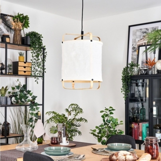 hofstein Hängeleuchte Hängelampe aus Metall/Bambus in Schwarz/Naturfarben/Weiß, moderne Pendelleuchte im Boho-Design (34,5 cm), E27, 110 cm