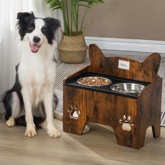 Erhöhte Hundenäpfe, Erhöhter Hundenapf, Hundenapfständer mit 2 Edelstahlnäpfen, Auslaufsicheres Hundenapf-Set, Futternäpfe, für Kleine Mittlere Große Hunde, Vintagebraun und Schwarz