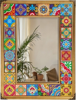 G-LEAF Dekospiegel mit Rahmen in Mosaikfliesen-Optik (1-St, Mosaikspiegel im Mexikanischer Talavera-Keramikstil), Wandspiegel mit Aluminiumrahmen