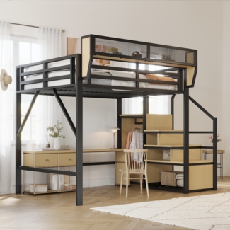 Merax Hochbett 140x200cm, Etagenbett, Kinderbett mit Sicherheitsleiter und flexiblem Staufach, Metallbett, Erwachsenenbett, Schwarz