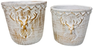 Online-Fuchs Blumentopf - 2 Blumentöpfe im Set mit edlen Hirschkopf - Vintage Look (Weiß, Gold), geeignet für Blumen, Pflanzen und Kräuter