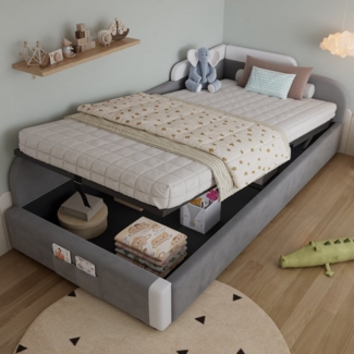 REDOM Schlafsofa mit Erhöhter Weicher Zaun, Hydraulischem Stauraum, 90x200 cm Aufbewahrungstasche am Fußende, Polsterbett Kinderbett, ohne Matratze
