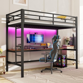 Hochbett mit Schreibtisch und LED-Beleuchtung, 90x200 cm, Kinderbett mit Rausfallschutz, Metallbett