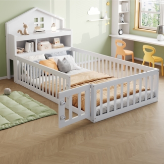 Merax Kinderbett Hausbett 90x200cm mit Lattenrost, Bodenbett Spielbett mit Tür und Staufach, Einzelbett Holzbett mit Tafel, Weiß