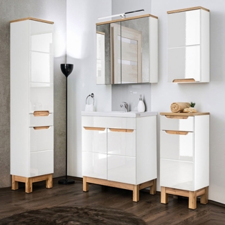 Komplett Badmöbel Set mit 60cm Keramikwaschtisch & LED-Spiegelschrank SOLNA-56 in Hochglanz weiß, B/H/T ca.: 160/200/46 cm