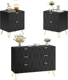 UEV Schlafzimmer-Set, 3er-Set Schlafzimmermöbel, Sparset Jugendzimmer-Set, (Kommode mit 6 Schubladen und 2er-Set Nachttisch, Modern Linienmuster, Skandinavisch Goldene Griffe und Füße), Schublade mit Soft-close, Sideboard mit Kisppschutz
