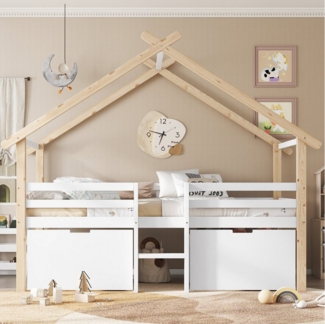 Flieks Kinderbett, Hausbett Halbhohes Bett 90x200 cm mit Dach, Leiter und 2 Schubladen