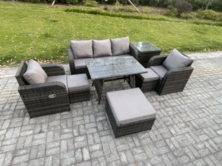 Fimous 8-Sitzer Hoher Rücken Rattan Gartenmöbel Sets mit Rechteckiger Esstisch Liegestühle 3-Sitzer Sofa 3 Hockern Beistelltisch