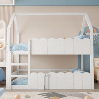 Kinderhochbett 90x200 Hausbett Etagenbett mit Spielbereich Tür Geländer Leiter Holz Jugendbett platzsparend,Weiß