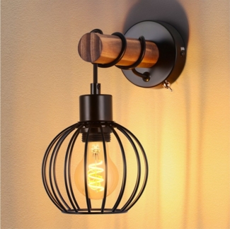 ZMH Wandleuchte Retro Wandleuchte Holz Innen Wandlampe Vintage mit Schalter E27, LED wechselbar, Schwarz Metall Wandspot Rustikal für Schlafzimmer