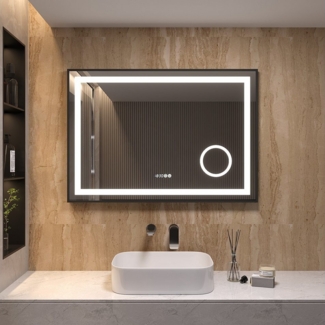 AQUABATOS Spiegel mit Beleuchtung Bad groß schwarz Badspiegel mit Uhr (Badzimmerspiegel modern eckig Wandspiegel mit Led, 100x70 cm, 120x60 cm, Kaltweiß, Beschlagfrei, 3-Fach Vergrößerung, Dimmbar)