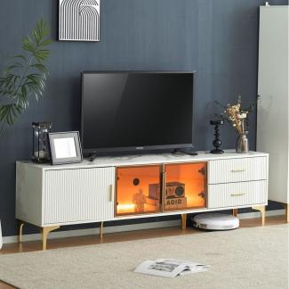 Merax Lowboard mit Glastüren und Schubladen, TV-Schrank mit LED,TV-Board mit goldenen Metallbeine,Fernsehtisch