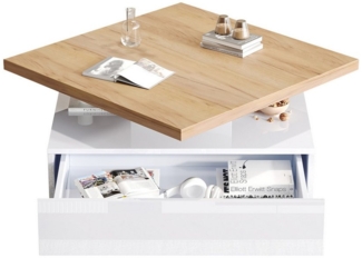MODFU Couchtisch quadratische 360° schwenkbare Kaffeeschublade (Satztisch, Wohnzimmertisch Beistelltisch, 1-St, Nussbaum-Spanplattenrahmen. 1 Schublade), Hochglanz 2-stufiger mittig schwenkbarer Tisch