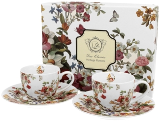 DUO FLORAL 2er-Set Espressotassen 90 ml VINTAGE FLOWERS WHITE mit Untertassen, New Bone China Porzellan