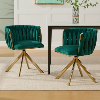 Flieks Set 2x Esstischstuhl, Polsterstühle Küchenstuhl mit 180° Schwenkbar, Velourssessel mit Golden Metallgestell, für Lounge und Arbeitsbereich, Smaragd