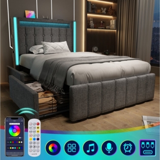STILVORA Polsterbett 90x200 Jugendbett mit Stauraum, Bettgestell mit USB Typ C & LED (2 Schubladen, ohne Matratze), mit USB Typ C Ladefunktion und LED-Beleuchtung,90x200cm