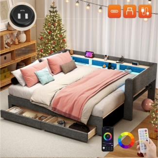 oyajia Polsterbett Daybett Tagesbett Ausziehbett mit LED-Beleuchtung (Quadratischer Rückenlehne, 2 Schubladen für Stauraum, mit Stauraum, USB-C, ohne Matratze), Multifunktionalem Ausziehbett & Stauraum 90x190/180x190 cm