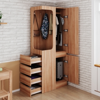 Kleiderschrank, Schubladen, Staufächer, offener Kleiderbereich, eintürig, Holzfarbe, 70 × 40 × 170 cm