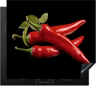 MuchoWow Herd-Abdeckplatte Roter Paprika - Rot - Kräuter - Gewürze - Schwarz, Vinyl, (1 tlg), Küche Herdabdeckplatte Ceranfeld Vinyl Einteilig, 59x52 cm